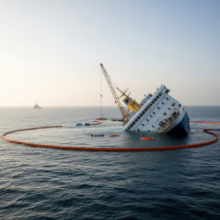 A large passenger ship has capsized, resting at a dramatic angle in the sea. A containment boom encircles the vessel, hinting at an environmental concern amidst the peaceful ocean.の素材
