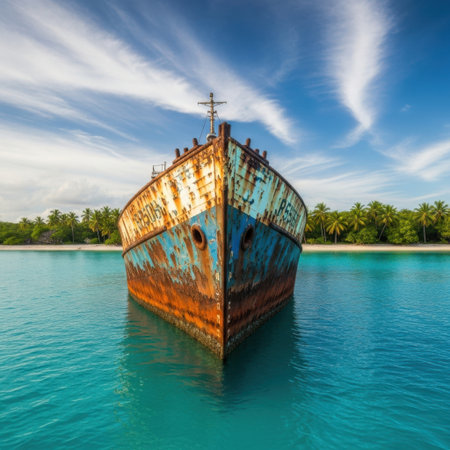 A weathered and abandoned ship lies dormant on the sea's surface. The vibrant blue water contrasts with the rust and decay of the vessel, creating a striking visual.の素材