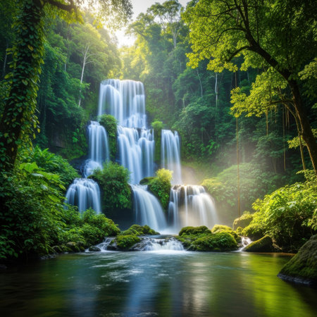 A breathtaking cascade of a waterfall plunges through vibrant green foliage in a dense tropical rainforest. Sunlight streams through the trees illuminating the mist rising from the water.の素材