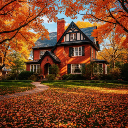 A picturesque brick house glows warmly amidst a breathtaking display of autumn colors. Lush trees with fiery leaves frame the home, while a carpet of fallen leaves blankets the ground.の素材