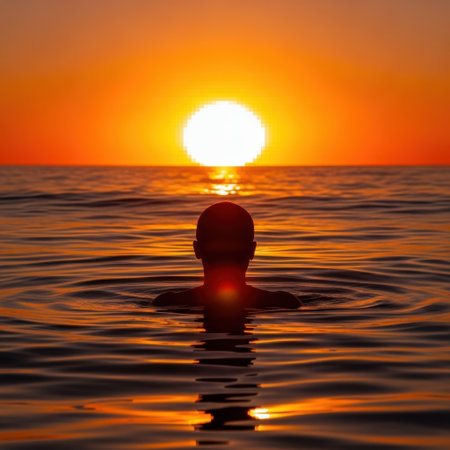A solitary figure enjoys a peaceful swim in the ocean as the sun descends, casting a warm glow across the water's surface. The sky is ablaze with orange and yellow hues.の素材
