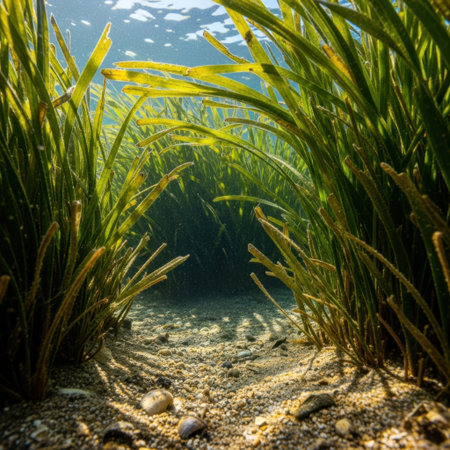 Sunlight filters through clear water illuminating a vibrant underwater seagrass meadow. Lush green aquatic plants create a natural tunnel over a rocky seabed, teeming with hidden marine life and biodiversity.の素材