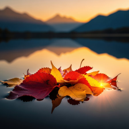 A vibrant cluster of colorful autumn leaves drifts serenely on the still surface of a lake, with distant mountains bathed in the warm hues of a setting sun.の素材