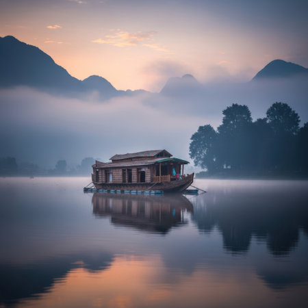 A tranquil scene unfolds as a traditional wooden boat floats on a glassy lake shrouded in mist. Mountains rise in the distance, bathed in the soft hues of a breathtaking sunrise.の素材