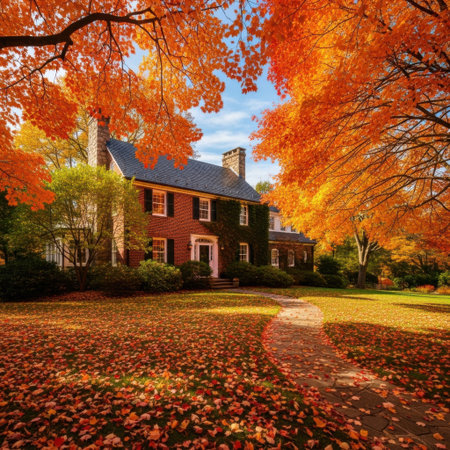 Experience the warmth and beauty of autumn with this picturesque scene of a charming home nestled amidst a carpet of fallen leaves and trees ablaze with fiery fall colors.の素材