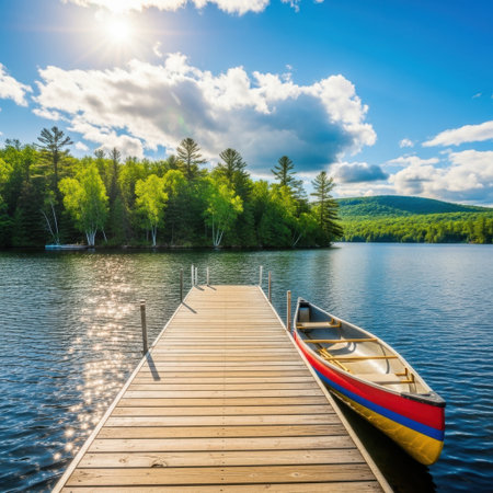 A peaceful scene unfolds with a wooden dock leading to a vibrant canoe on a tranquil lake. Lush green trees and rolling hills frame the bright, cloud-dotted sky.の素材