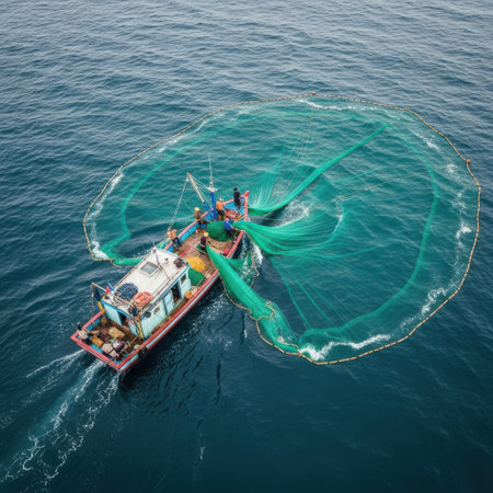 An overhead perspective captures a vibrant fishing vessel actively deploying its large net across the expansive, tranquil ocean surface. The dynamic water patterns highlight the fishing activity.の素材