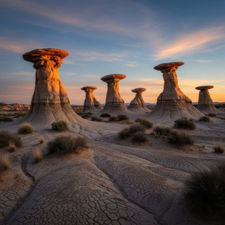 Experience the surreal beauty of alien-like hoodoos sculpted by nature. These striking geological formations are bathed in the warm hues of sunset, creating a breathtaking desert panorama.の素材
