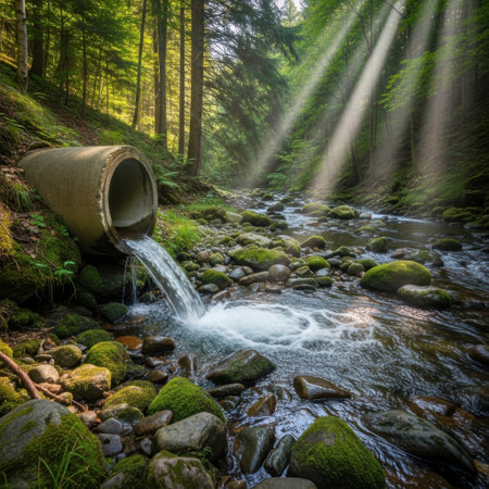 A concrete pipe discharges water into a rocky stream flowing through a lush green forest. Dramatic sunbeams pierce the trees creating an ethereal, natural scene.の素材