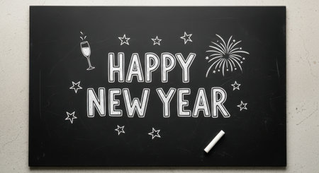 Celebrate the New Year with this festive chalkboard art. Features 'Happy New Year' in bold chalk lettering, surrounded by whimsical drawings of fireworks, stars, and confetti. A celebratory and artistic greeting.の素材