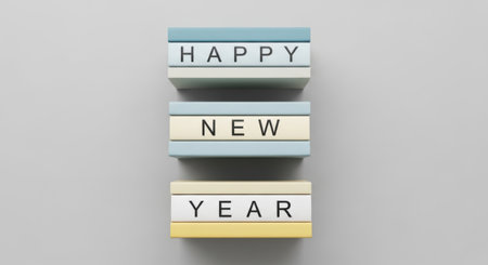 Stacked blocks display 'HAPPY NEW YEAR' in a clear, clean presentation. Perfect for festive invitations, seasonal greetings, and celebrating the arrival of the new year.の素材