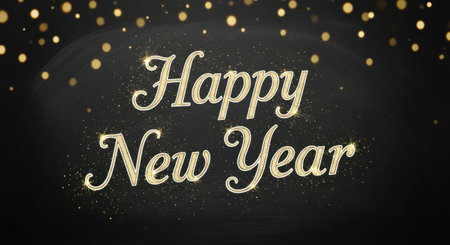 Celebrate the new year with this stylish greeting featuring 'Happy New Year' in script font, accented by falling confetti and subtle twinkling lights, perfect for festive designs.の素材