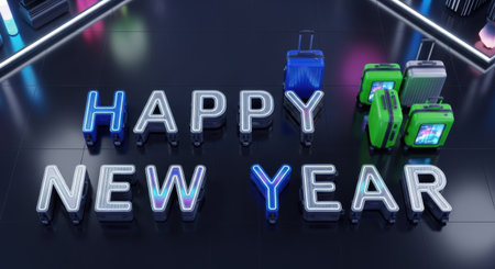 Ring in the New Year with this vibrant celebration image featuring glowing neon text and festive gift boxes. Perfect for holiday greetings and party invitations, conveying excitement and joy for the upcoming year.の素材