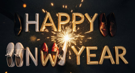 Celebrate the arrival of the new year with this vibrant image featuring 'Happy New Year' text illuminated by a sparkling firework. Perfect for festive greetings and holiday designs.の素材