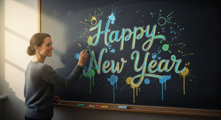 A woman carefully writes 'Happy New Year' with vibrant chalk on a dark chalkboard. The lettering is stylized with colorful accents and a celebratory feel perfect for seasonal greetings.の素材