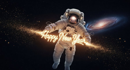 A stylized astronaut figure floats in space, bathed in ethereal light. Glowing golden text reads 'Happy Holidays,' conveying a festive, celestial greeting amidst a backdrop of distant stars and nebulae.の素材