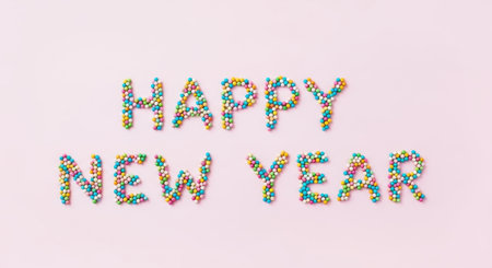 Celebrate the arrival of the New Year with this charming text graphic. The words 'Happy New Year' are creatively rendered with delicate floral patterns, adding a touch of elegance to any festive design or greeting.の素材