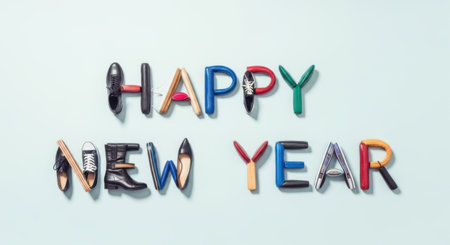 Celebrate the new year with this vibrant "Happy New Year" message. Each letter is creatively formed with colorful elements, perfect for festive greetings, cards, and seasonal decorations.の素材