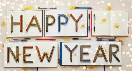 Celebrate the New Year with this festive image featuring the words HAPPY NEW YEAR spelled out with decorative letters, surrounded by twinkling lights for a joyous atmosphere.の素材