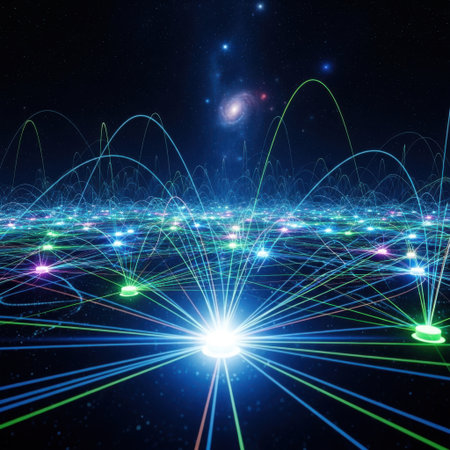 A mesmerizing abstract digital network grid pulsates with bright light, its glowing connections expanding outward through a dark, star-filled expanse. Evokes concepts of data, technology, and cosmic reach.の素材