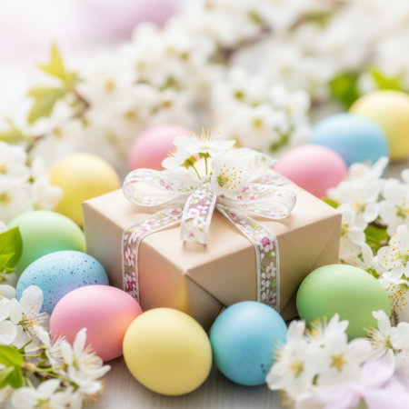 A beautiful Easter gift box is nestled amongst pastel-colored eggs and soft white flowers, evoking a sense of springtime joy and celebration.の素材
