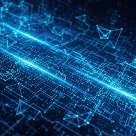 Intricate glowing blue lines and nodes form a complex network, symbolizing data flow, global connectivity, and futuristic digital technology. Perfect for tech themes.の素材