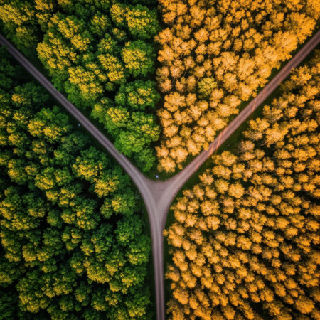 An overhead drone perspective reveals a striking visual contrast in a forest, with one section vibrant green and the other displaying warm autumnal colors, bisected by intersecting paths.の素材