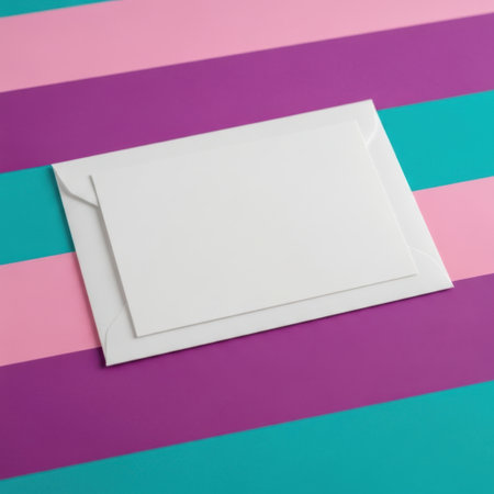 A neat stack of clean white envelopes lies diagonally on a vibrant background of alternating pink purple and teal stripes. Ideal for invitations greetings or business mail.の素材