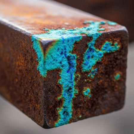 Macro view of a rustic metal surface exhibiting a stunning turquoise verdigris patina, showcasing intricate textures and natural abstract patterns formed by oxidation and time.の素材