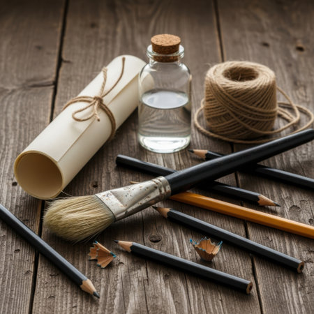 A collection of art tools including pencils and a paintbrush alongside crafting supplies like twine and a scroll, laid out on a textured wooden table, suggesting artistic creation.の素材