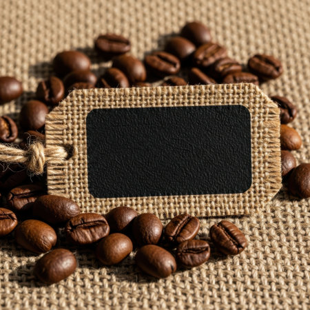 A small, empty burlap tag is artfully placed among scattered coffee beans, creating a rustic and inviting scene perfect for branding or product display.の素材