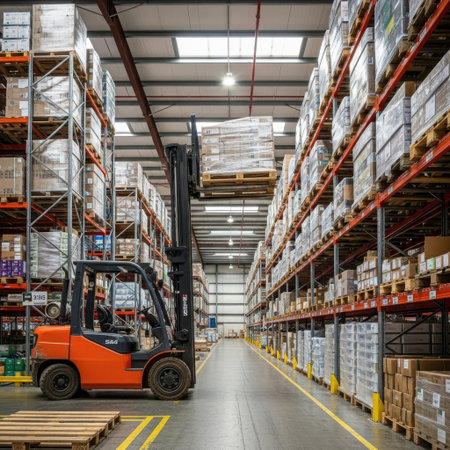 An orange forklift moves through a spacious warehouse aisle, surrounded by tall shelving units brimming with various products, ready for distribution and logistics operations.の素材