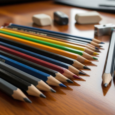 A collection of sharp, colored pencils arranged in a beautiful spectrum, accompanied by erasers and a sharpener, suggesting creativity and artistic endeavors on a warm wooden surface.の素材