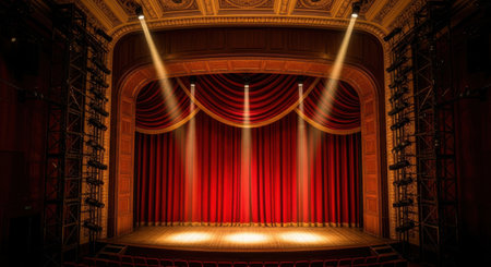 A majestic theater stage is lit by three bright spotlights, highlighting the rich red velvet curtains and ornate architectural details.の素材