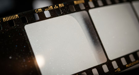 A detailed macro shot of a section of unexposed 35mm film, showcasing perforations and a subtle light reflection.の素材