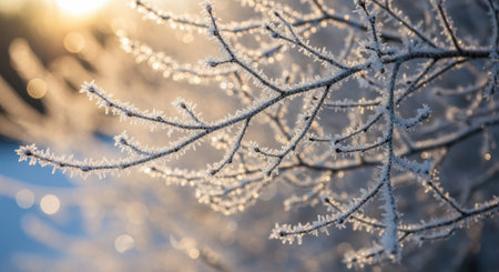 Close-up of frosted tree branches, sparkling with ice crystals, bathed in warm, diffused sunlight.の素材