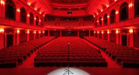 An empty, opulent theater interior bathed in intense red light, featuring rows of seats and a spotlight on the stage.の素材