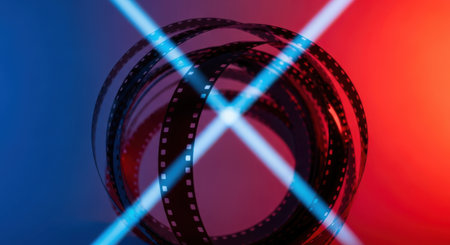 A close-up of a film reel is dramatically lit by intersecting blue and red neon lights, creating a striking visual.の素材