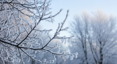 Close-up of frosted tree branches with a blurred winter forest background and soft light.の素材