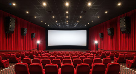 A wide shot of an empty movie theater, showcasing rows of plush red seats and a prominent, illuminated screen.の素材