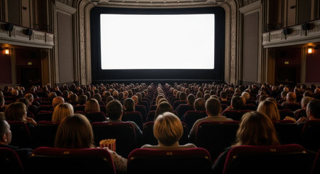 A full audience sits in a dimly lit, ornate theater facing a bright, blank white movie screen.の素材