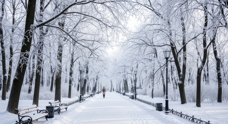 A lone figure walks down a snow-covered path in a park, surrounded by frosted trees and benches.の素材