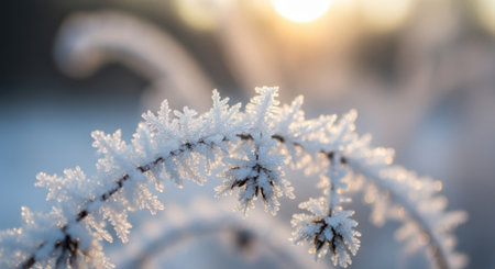Close-up of a plant stem covered in intricate frost formations, illuminated by the warm light of a sunrise.の素材