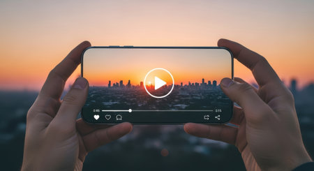 A person captures a beautiful city sunset on their phone, showcasing the golden hour light and urban landscape.の素材