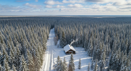 An aerial view showcases a solitary cabin in a snowy forest, surrounded by dense trees and a clear sky.の素材
