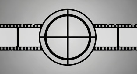 A black and white image featuring a film strip with an oval target superimposed, set against a textured gray backdrop.の素材