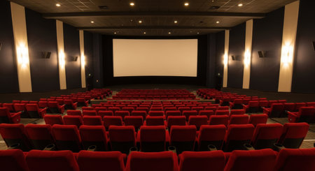 Rows of plush red velvet seats face a large, blank cinema screen in an elegant, dimly lit theater.の素材
