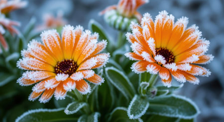 Close up of two bright orange calendula flowers with frosty edges, surrounded by green foliage.の素材