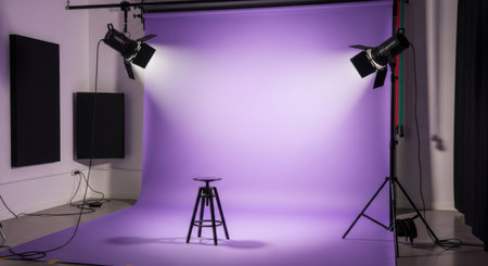 A professional photography studio is prepared with a purple backdrop, studio lights, and a stool for creative portrait sessions.の素材