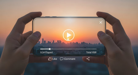 A person holds a smartphone horizontally, showcasing a video player interface with a sunset over a city skyline.の素材